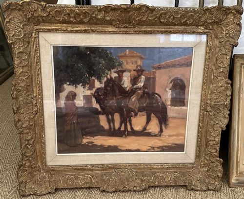 fig 2. An antique oil painting depicting two horsemen wearing broad hats on dark horses beside a woman in a shawl, set against traditional Spanish architecture.