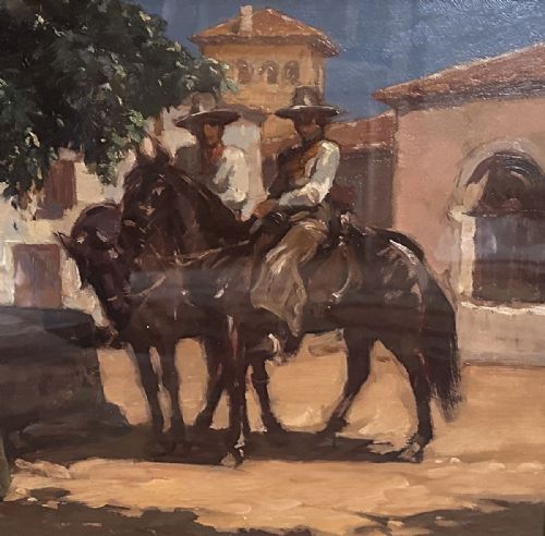fig 3. An antique oil painting depicting two horsemen wearing broad hats on dark horses beside a woman in a shawl, set against traditional Spanish architecture.