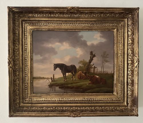 HORSE WITH CATTLE ANTIQUE OIL PAINTING - ADDITIONAL PHOTO 1