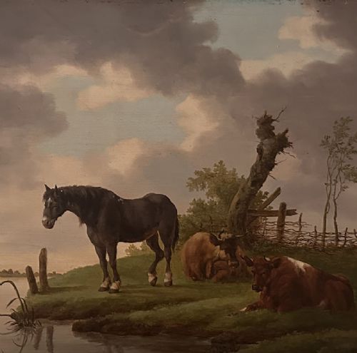 HORSE WITH CATTLE ANTIQUE OIL PAINTING - ADDITIONAL PHOTO 2