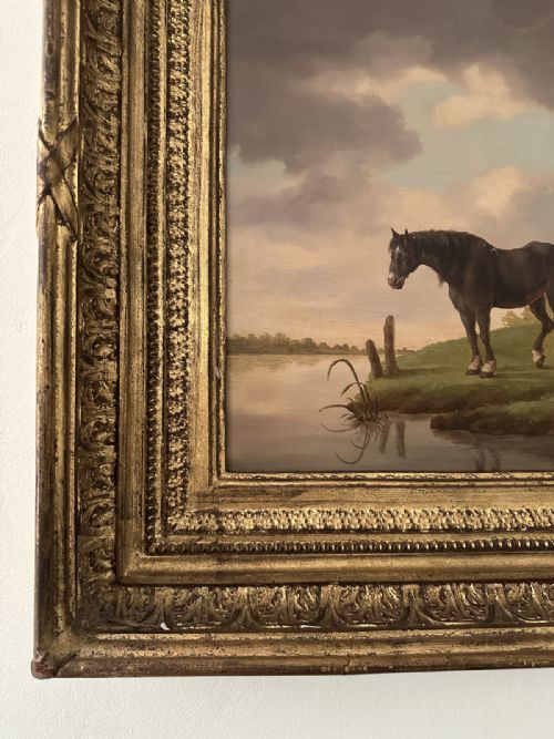 HORSE WITH CATTLE ANTIQUE OIL PAINTING - ADDITIONAL PHOTO 4