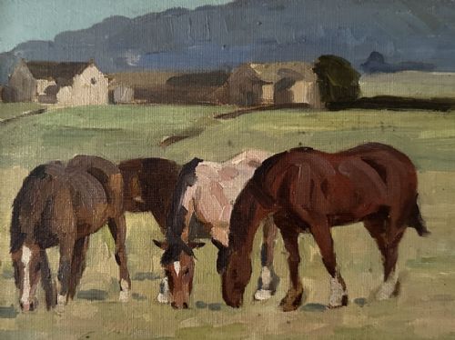 Horses in a Field - Antique Oil Painting