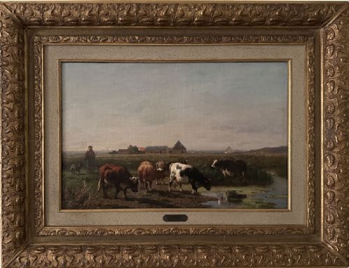 fig 2. An antique oil painting depicting cattle grazing beside a stream with farm buildings and a figure under a pale sky.