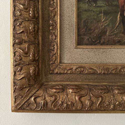 fig 3. An antique oil painting depicting cattle grazing beside a stream with farm buildings and a figure under a pale sky.