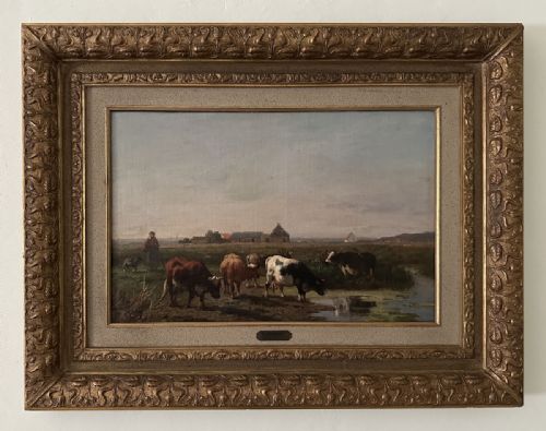 fig 1. An antique oil painting depicting cattle grazing beside a stream with farm buildings and a figure under a pale sky.