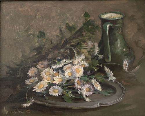 Daisies on a Plate - Antique Oil Painting