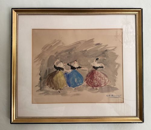fig 1. A framed watercolour painting depicting three figures in traditional Spanish dress dancing against a washed grey background.