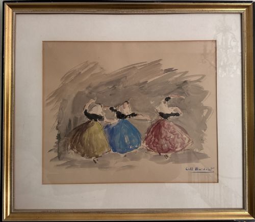 fig 2. A framed watercolour painting depicting three figures in traditional Spanish dress dancing against a washed grey background.