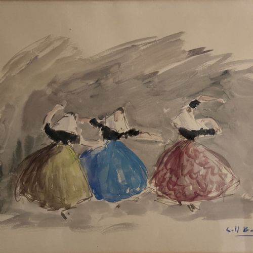 fig 3. A framed watercolour painting depicting three figures in traditional Spanish dress dancing against a washed grey background.