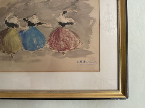 fig 4. A framed watercolour painting depicting three figures in traditional Spanish dress dancing against a washed grey background.
