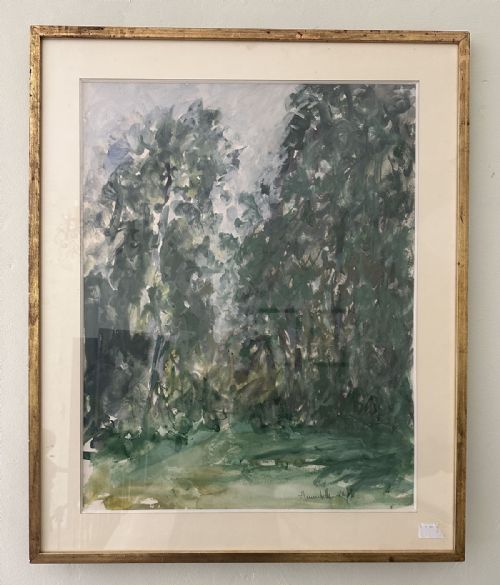 fig 1. An impressionistic antique watercolour painting depicting a dense woodland scene in muted green and grey tones.