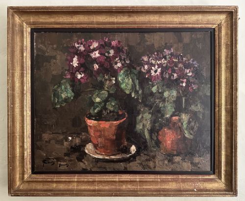 fig 1. An oil painting depicting two potted plants with purple flowers in terracotta pots set against a dark brown textured background.