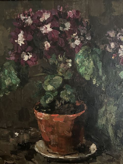 fig 2. An oil painting depicting two potted plants with purple flowers in terracotta pots set against a dark brown textured background.
