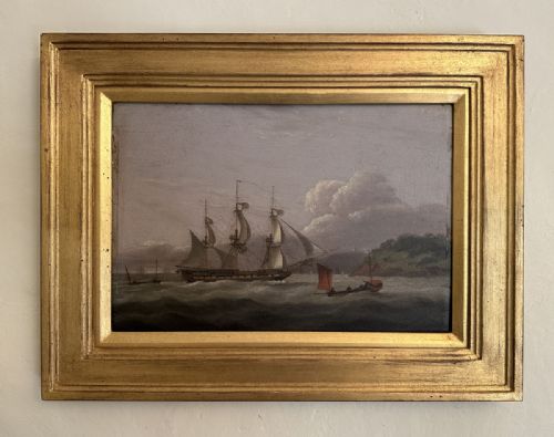 fig 1. An antique oil painting depicting a three-masted sailing vessel amidst ocean waves near a hilly coastline under a cloudy sky.