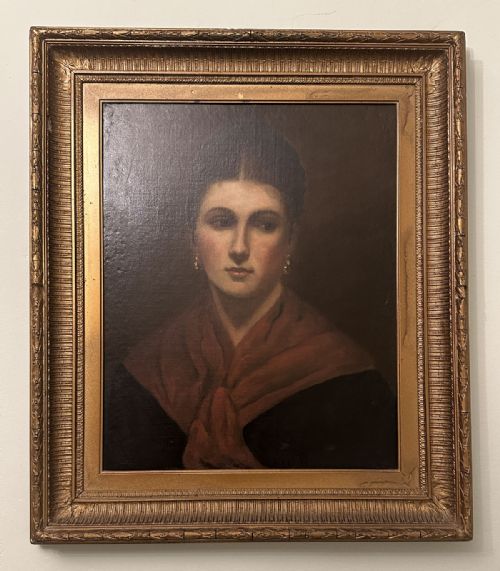LADY WITH RED SHAWL ANTIQUE OIL PAINTING - ADDITIONAL PHOTO 1