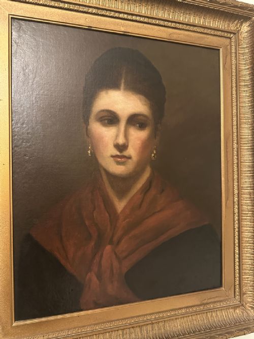 LADY WITH RED SHAWL ANTIQUE OIL PAINTING - ADDITIONAL PHOTO 2