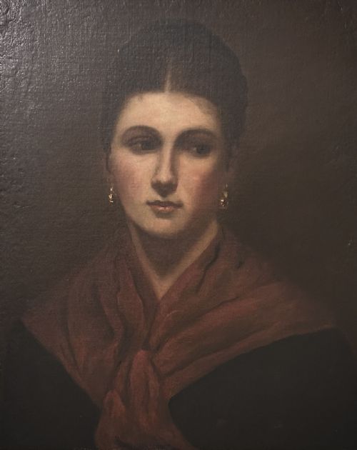 LADY WITH RED SHAWL ANTIQUE OIL PAINTING - ADDITIONAL PHOTO 3