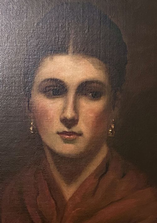 LADY WITH RED SHAWL ANTIQUE OIL PAINTING - ADDITIONAL PHOTO 4