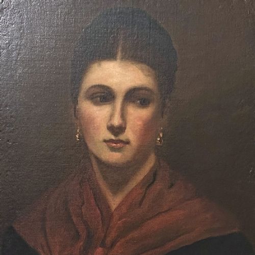 LADY WITH RED SHAWL ANTIQUE OIL PAINTING - ADDITIONAL PHOTO 5