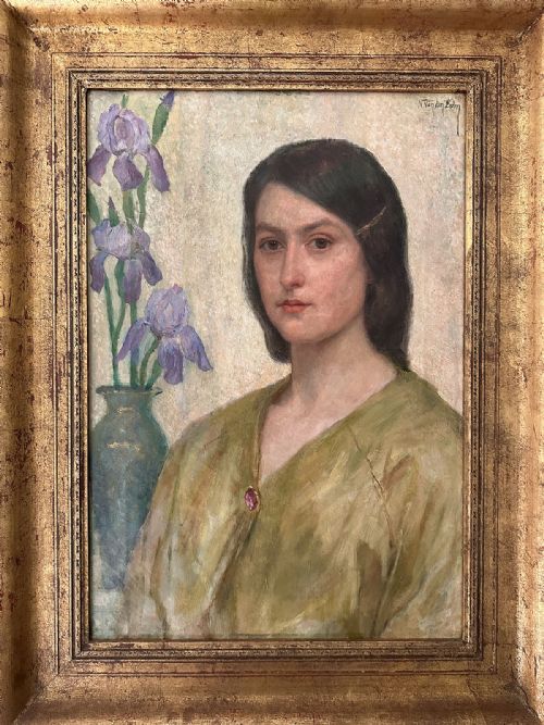PORTRAIT OF A LADY WITH IRISES ANTIQUE OIL PAINTING - ADDITIONAL PHOTO 1