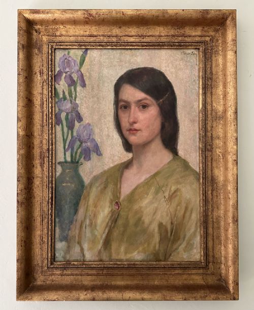 PORTRAIT OF A LADY WITH IRISES ANTIQUE OIL PAINTING - ADDITIONAL PHOTO 2