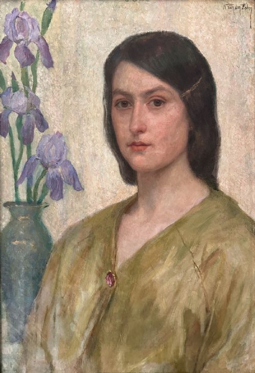 PORTRAIT OF A LADY WITH IRISES ANTIQUE OIL PAINTING - ADDITIONAL PHOTO 3