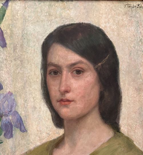 PORTRAIT OF A LADY WITH IRISES ANTIQUE OIL PAINTING - ADDITIONAL PHOTO 4