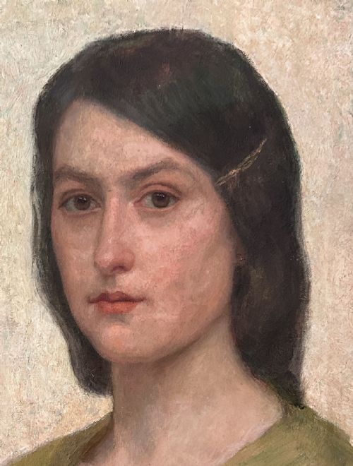 PORTRAIT OF A LADY WITH IRISES ANTIQUE OIL PAINTING - ADDITIONAL PHOTO 5