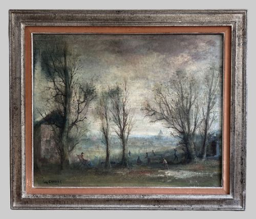 fig 1. An oil painting depicting a muted winter park landscape with bare trees and distant figures under an overcast grey sky.