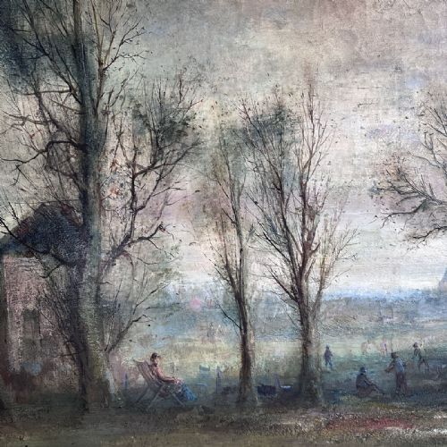 fig 2. An oil painting depicting a muted winter park landscape with bare trees and distant figures under an overcast grey sky.
