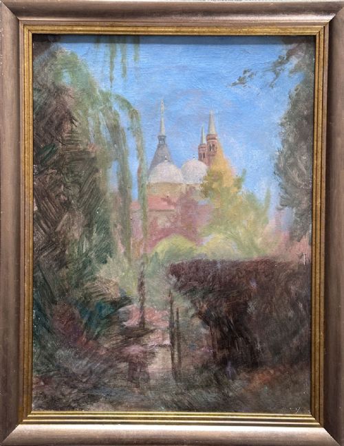 fig 1. An antique oil painting depicting the spires and domes of Padua Cathedral seen through soft green and brown foliage beneath a blue sky.