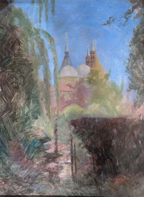 fig 2. An antique oil painting depicting the spires and domes of Padua Cathedral seen through soft green and brown foliage beneath a blue sky.