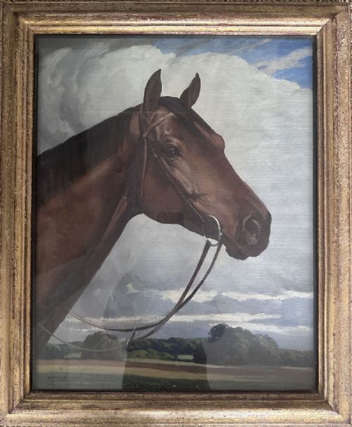 fig 1. A profile portrait oil painting of a bay horse with a leather bridle set against a cloudy sky and landscape horizon.