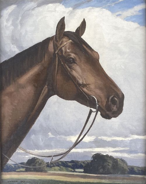 fig 2. A profile portrait oil painting of a bay horse with a leather bridle set against a cloudy sky and landscape horizon.