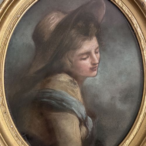 LADY WEARING HAT ANTIQUE PASTEL PAINTING - ADDITIONAL PHOTO 1