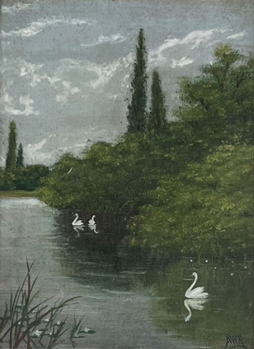 Swans on a River - Antique Oil Painting