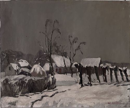 VILLAGE IN WINTER ANTIQUE OIL PAINTING
