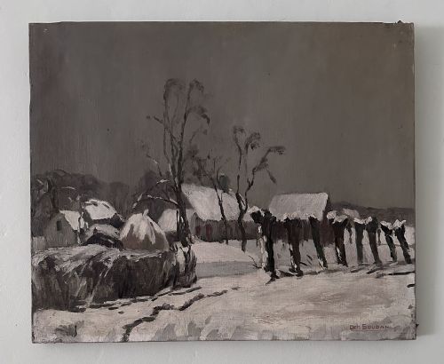 VILLAGE IN WINTER ANTIQUE OIL PAINTING - ADDITIONAL PHOTO 1