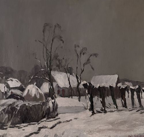 VILLAGE IN WINTER ANTIQUE OIL PAINTING - ADDITIONAL PHOTO 2