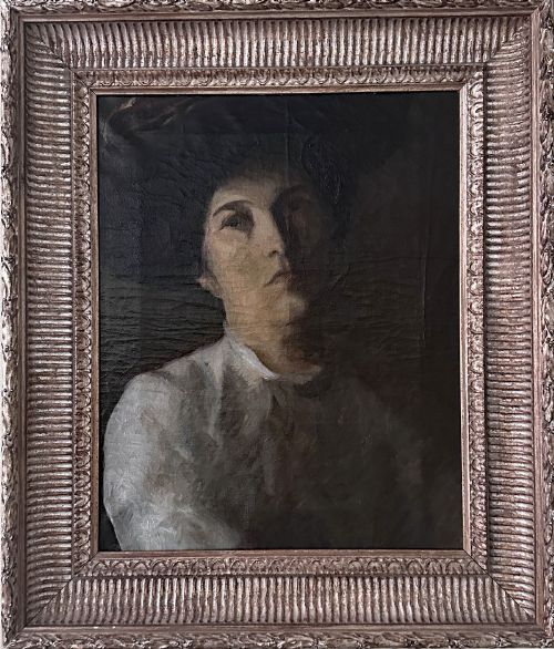 fig 1. An antique oil painting on canvas depicting a woman wearing a dark hat and light-coloured blouse in low-light illumination.