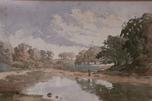 Fisherman on Riverbank - Antique Pil Painting