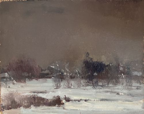 Snowy Landscape - Antique Oil Painting