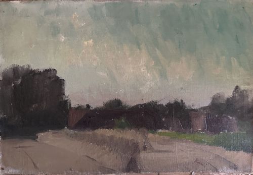 fig 1. An antique oil painting depicting a muted rural summer landscape with trees, fields, and a pale sky rendered in broad brushstrokes.