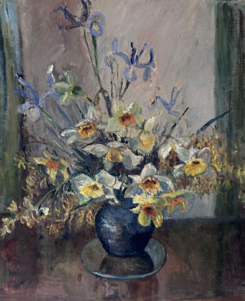 Daffodils and Iris in a Vase - Antique Oil Painting