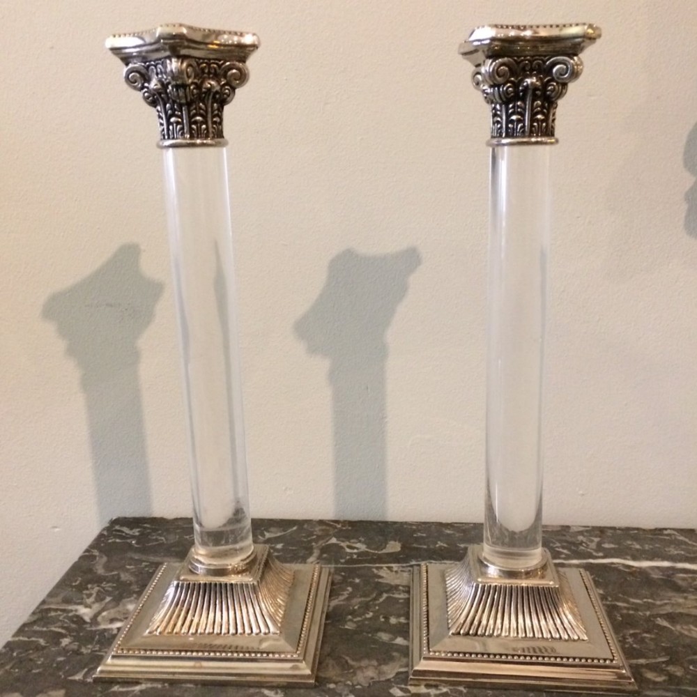 Pair of Silver Plate and Glass Resin Candlesticks