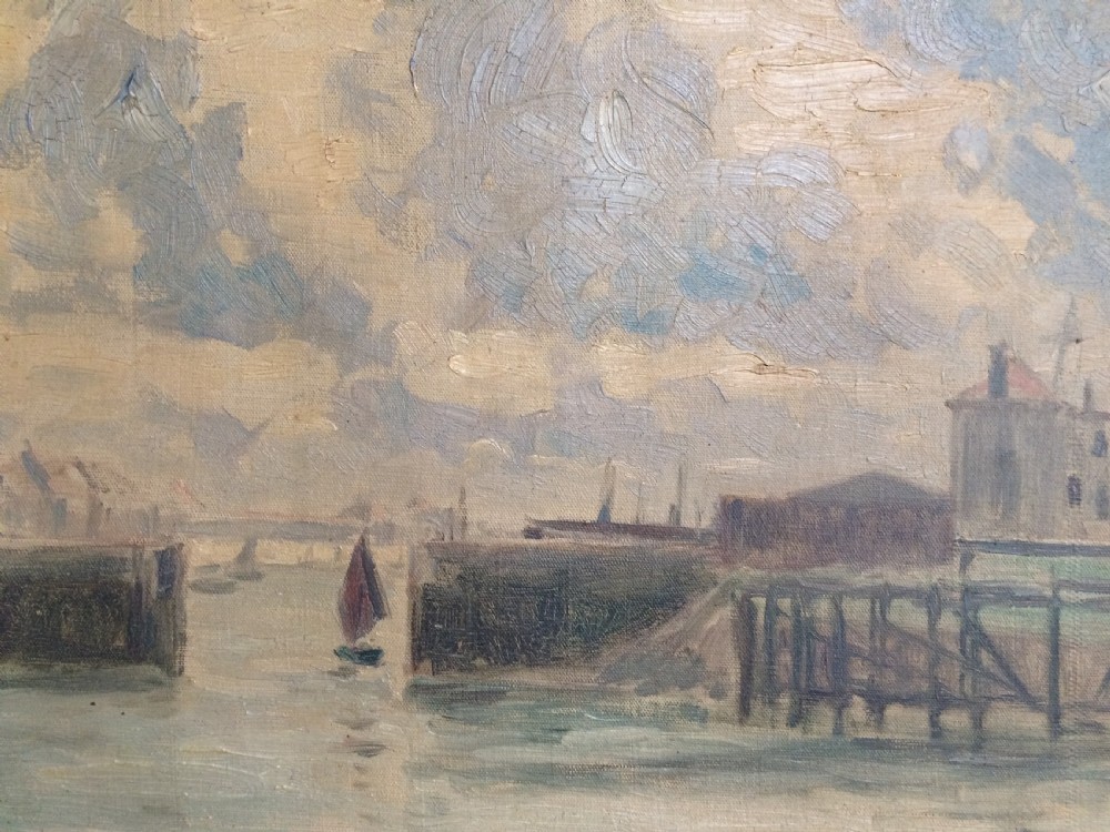 An impressionist oil painting depicting a calm harbour view under a cloudy sky with sea walls and small boats in muted tones of blue, grey, and cream. View V
