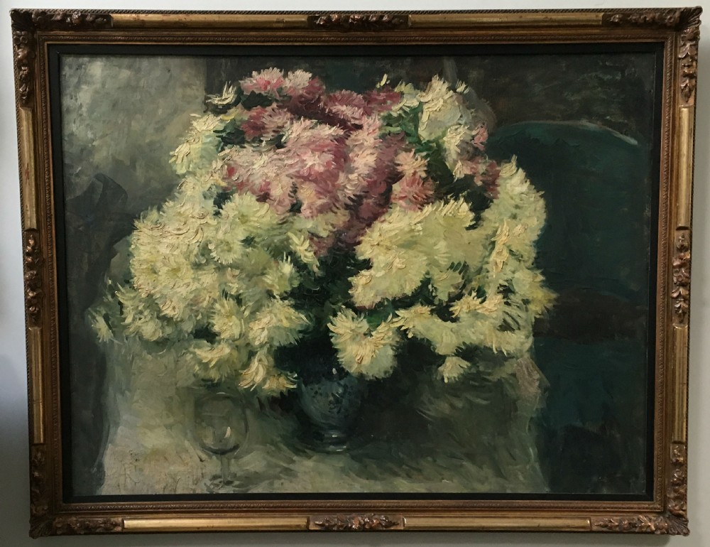 Crysanthemums in a Vase - Antique Oil Painting View III