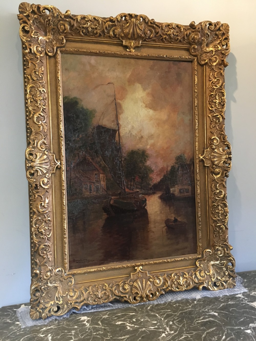 Boat on a Canal - Antique Oil Painting View III