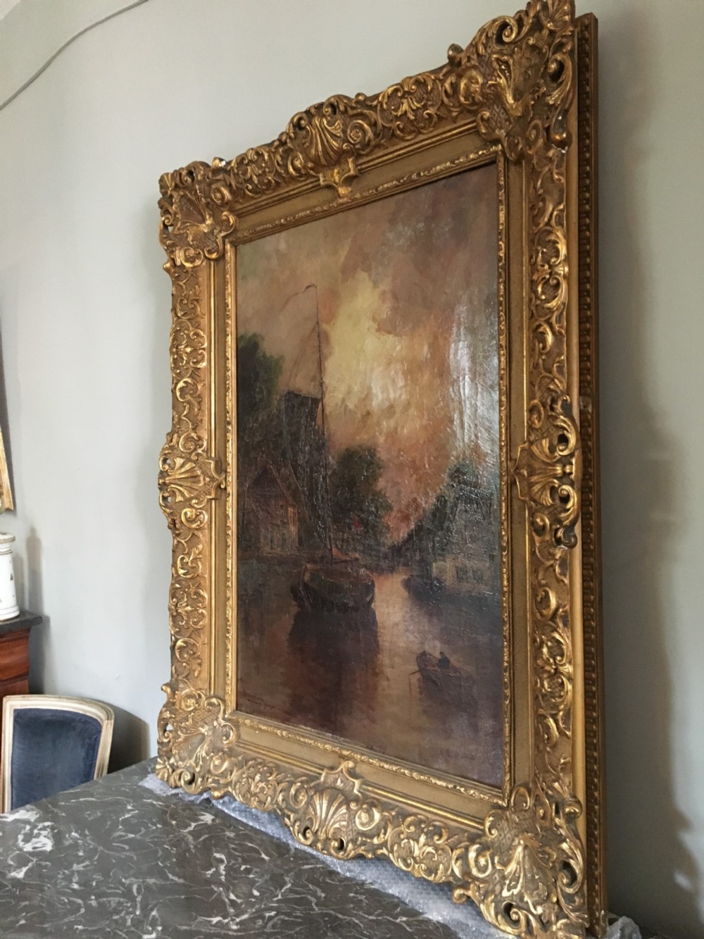 Boat on a Canal - Antique Oil Painting View VII