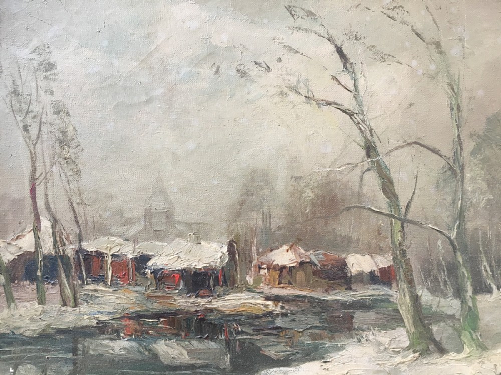 Village in Winter - Antique Oil Painting View IV